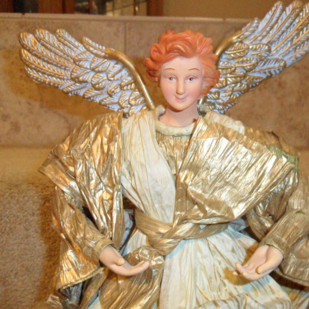 Angel Tree Topper 12" Fabric Paper mache Gold & White Christmas decor - Picture 4 of 5